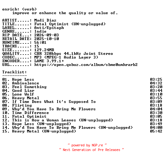 NFO for the release Madi_Diaz-Fatal_Optimist_(UN-unplugged)-WEB-2026-ENRiCH by ENRiCH