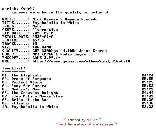 NFO for the release Mick_Harvey_X_Amanda_Acevedo-Psychedelia_In_White-WEB-2026-ENRiCH by ENRiCH
