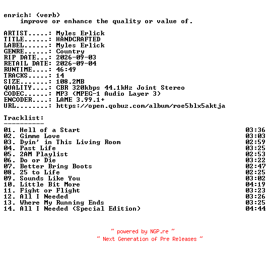 NFO for the release Myles_Erlick-HANDCRAFTED-WEB-2026-ENRiCH by ENRiCH