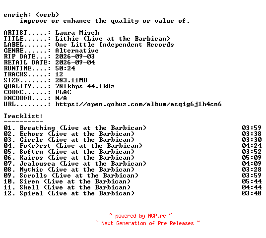 NFO for the release Laura_Misch-Lithic_(Live_at_the_Barbican)-16BIT-WEB-FLAC-2026-ENRiCH by ENRiCH