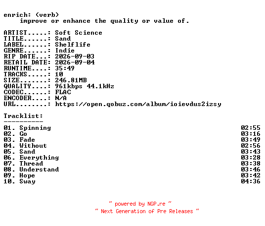 NFO for the release Soft_Science-Sand-16BIT-WEB-FLAC-2026-ENRiCH by ENRiCH