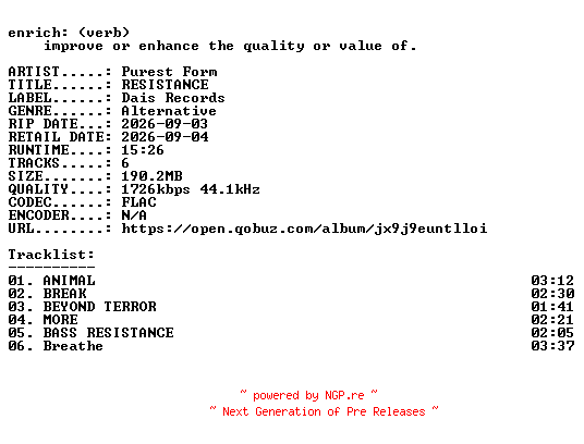 NFO for the release Purest_Form-RESISTANCE-EP-24BIT-WEB-FLAC-2026-ENRiCH by ENRiCH