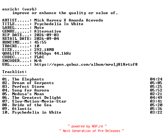 NFO for the release Mick_Harvey_X_Amanda_Acevedo-Psychedelia_In_White-16BIT-WEB-FLAC-2026-ENRiCH by ENRiCH