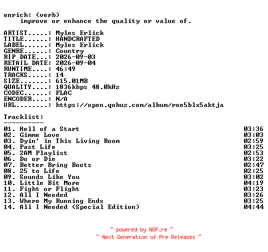 NFO for the release Myles_Erlick-HANDCRAFTED-24BIT-WEB-FLAC-2026-ENRiCH by ENRiCH