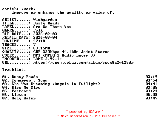 NFO for the release Wishgarden-Dusty_Roads-WEB-2026-ENRiCH by ENRiCH