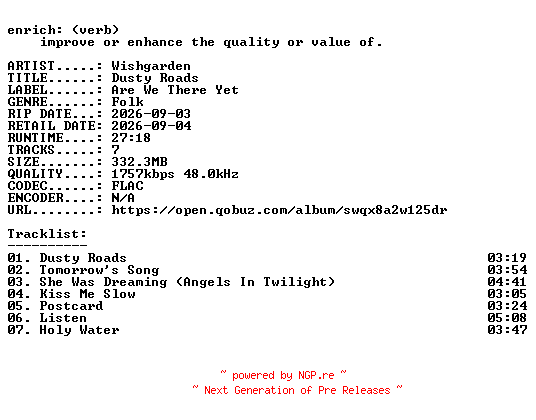 NFO for the release Wishgarden-Dusty_Roads-24BIT-WEB-FLAC-2026-ENRiCH by ENRiCH