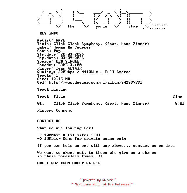 NFO for the release RAYE_-_Click_Clack_Symphony_(Feat_Hans_Zimmer)-SINGLE-WEB-2026-ALTAiR by ALTAiR