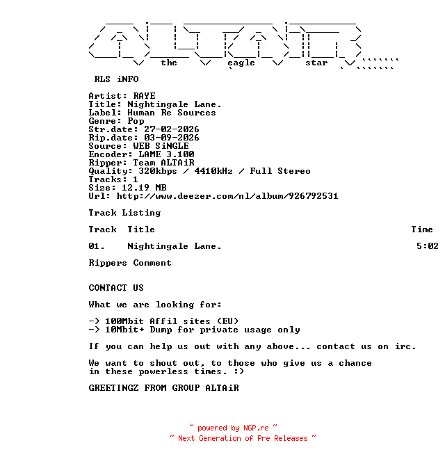NFO for the release RAYE_-_Nightingale_Lane-SINGLE-WEB-2026-ALTAiR by ALTAiR