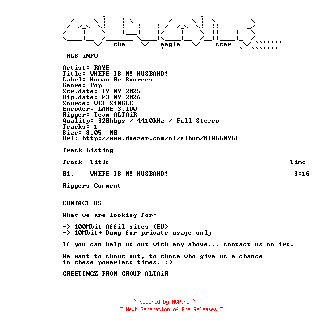NFO for the release RAYE_-_WHERE_IS_MY_HUSBAND-SINGLE-WEB-2025-ALTAiR by ALTAiR