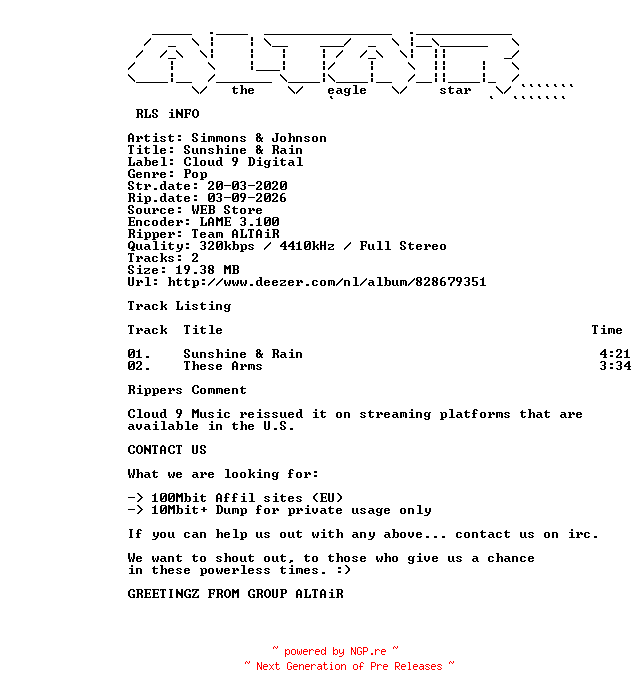 NFO for the release Simmons_and_Johnson_-_Sunshine_and_Rain-WEB-2020-ALTAiR by ALTAiR