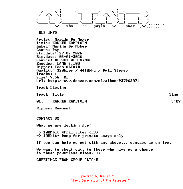 NFO for the release Marijn_De_Moker_-_KANKER_KAMPIOEN-REPACK-SINGLE-WEB-NL-2026-ALTAiR by ALTAiR