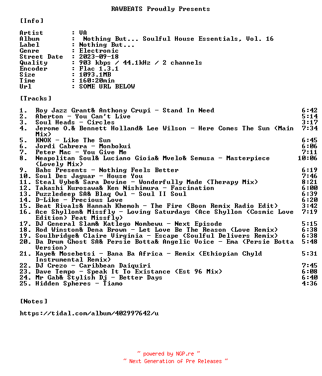 NFO for the release VA-Nothing_But..._Soulful_House_Essentials_Vol._16-16BIT-WEB-FLAC-2023-RAWBEATS by RAWBEATS