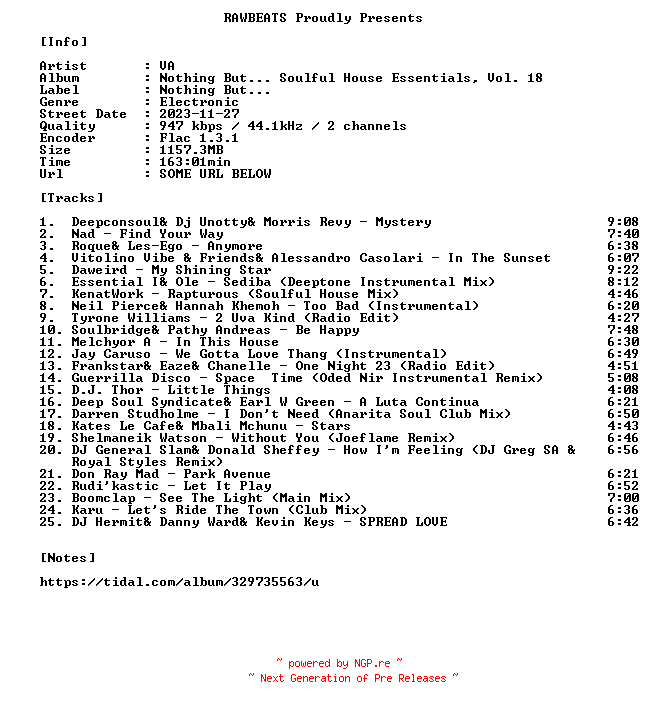 NFO for the release VA-Nothing_But..._Soulful_House_Essentials_Vol._18-16BIT-WEB-FLAC-2023-RAWBEATS by RAWBEATS