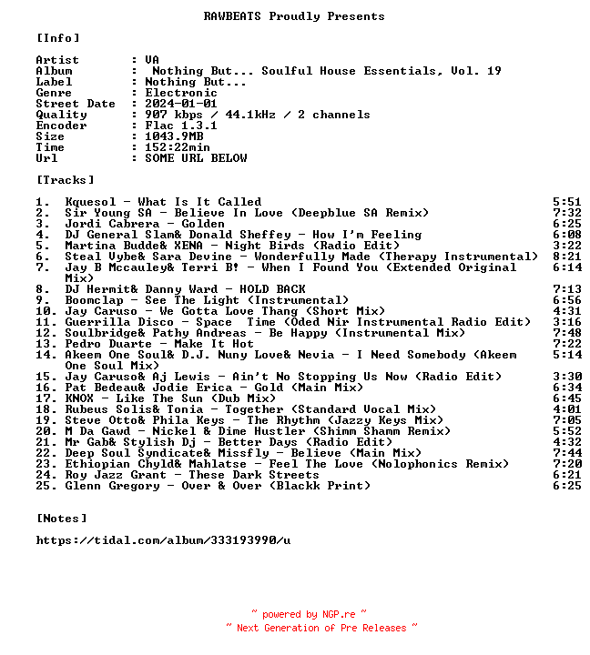 NFO for the release VA-Nothing_But..._Soulful_House_Essentials_Vol._19-16BIT-WEB-FLAC-2024-RAWBEATS by RAWBEATS