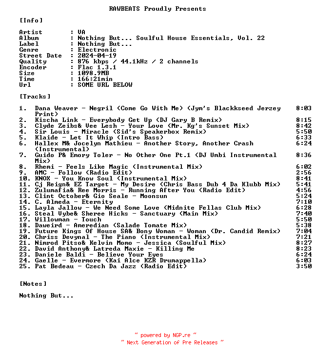 NFO for the release VA-Nothing_But..._Soulful_House_Essentials_Vol._22-16BIT-WEB-FLAC-2024-RAWBEATS by RAWBEATS