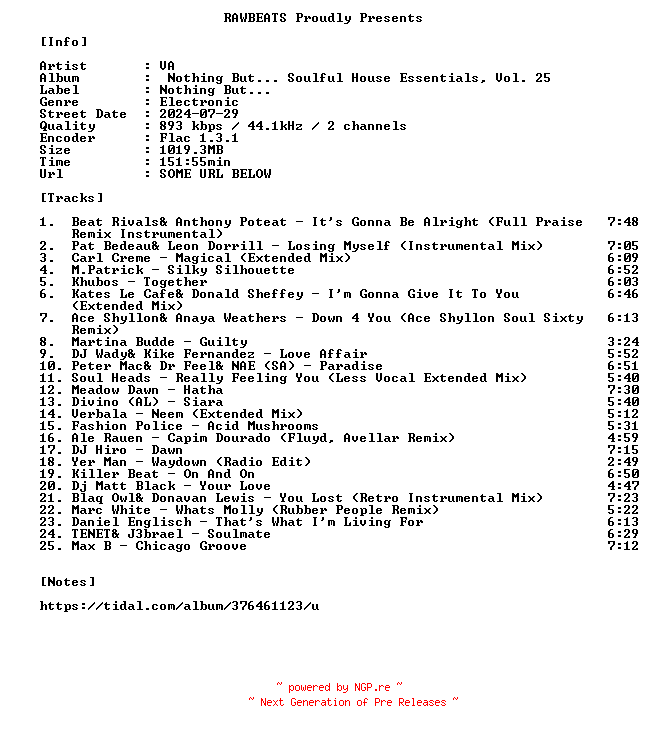 NFO for the release VA-Nothing_But..._Soulful_House_Essentials_Vol._25-16BIT-WEB-FLAC-2024-RAWBEATS by RAWBEATS
