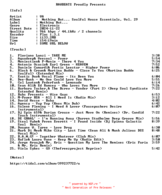 NFO for the release VA-Nothing_But..._Soulful_House_Essentials_Vol._29-16BIT-WEB-FLAC-2024-RAWBEATS by RAWBEATS