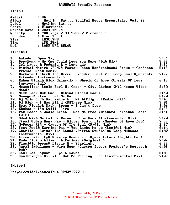 NFO for the release VA-Nothing_But..._Soulful_House_Essentials_Vol._28-16BIT-WEB-FLAC-2024-RAWBEATS by RAWBEATS