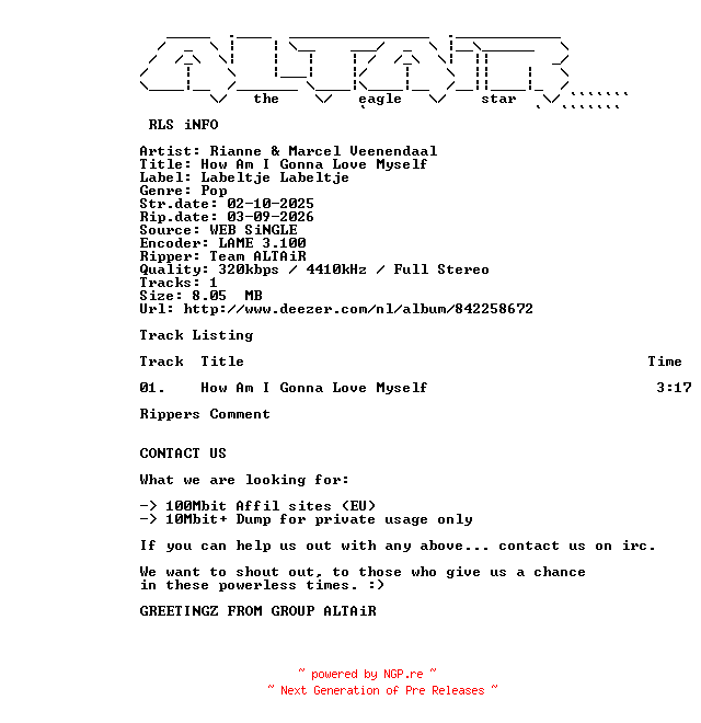 NFO for the release Rianne_and_Marcel_Veenendaal_-_How_Am_I_Gonna_Love_Myself-SINGLE-WEB-2025-ALTAiR by ALTAiR