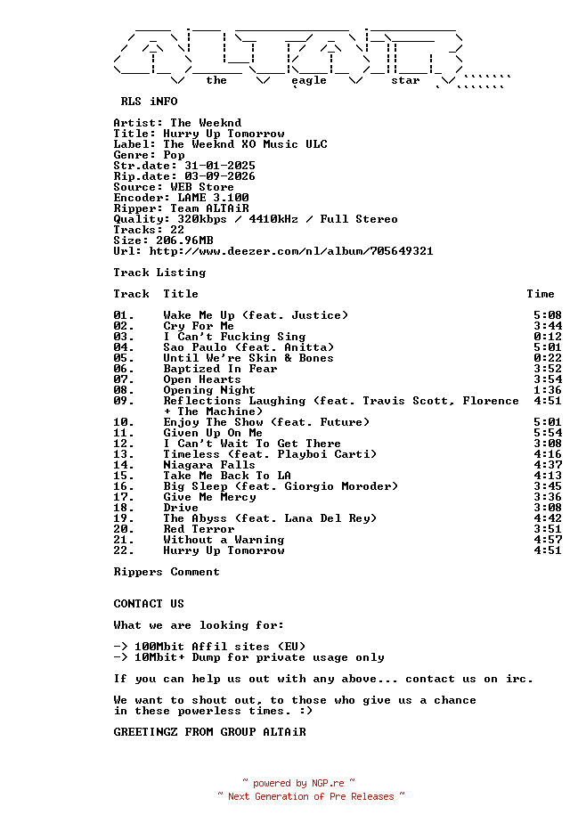 NFO for the release The_Weeknd_-_Hurry_Up_Tomorrow-WEB-2025-ALTAiR_INT by ALTAiR_INT