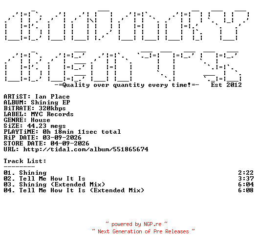 NFO for the release Ian_Place-Shining_EP-(MYC004)-WEB-2026-BB by BB