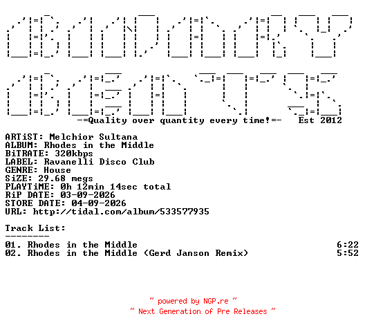 NFO for the release Melchior_Sultana-Rhodes_In_The_Middle-(RDC021)-WEB-2026-BB by BB