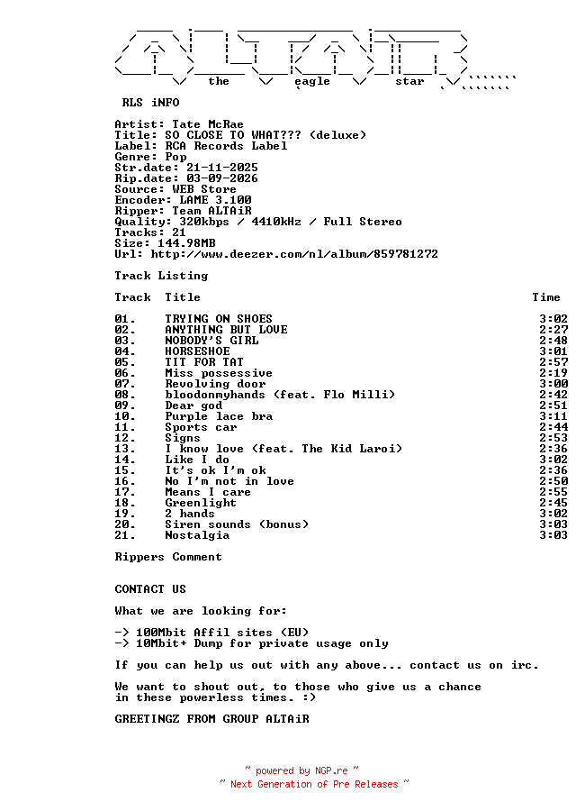 NFO for the release Tate_Mcrae_-_SO_CLOSE_TO_WHAT_(Deluxe)-WEB-2025-ALTAiR_INT by ALTAiR_INT