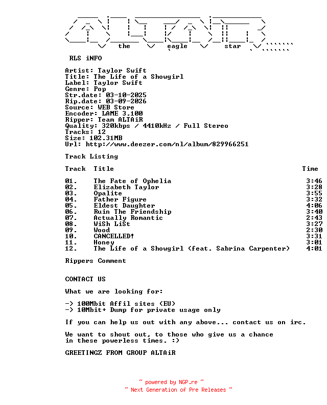 NFO for the release Taylor_Swift_-_The_Life_Of_A_Showgirl-WEB-2025-ALTAiR_INT by ALTAiR_INT