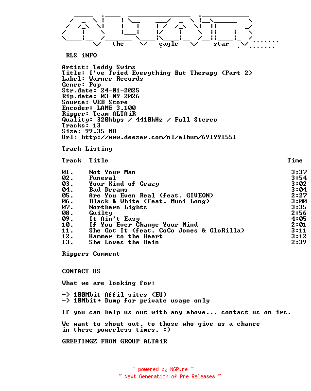 NFO for the release Teddy_Swims_-_Ive_Tried_Everything_But_Therapy_(Part_2)-WEB-2025-ALTAiR_INT by ALTAiR_INT