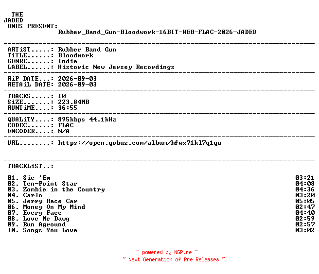 NFO for the release Rubber_Band_Gun-Bloodwork-16BIT-WEB-FLAC-2026-JADED by JADED