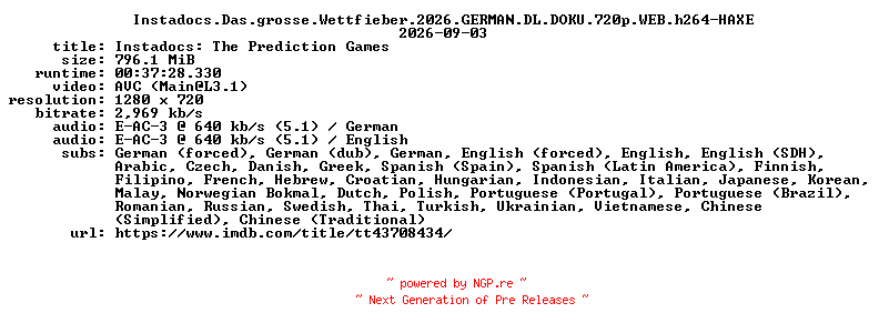 NFO for the release Instadocs.Das.grosse.Wettfieber.2026.GERMAN.DL.DOKU.720p.WEB.h264-HAXE by HAXE