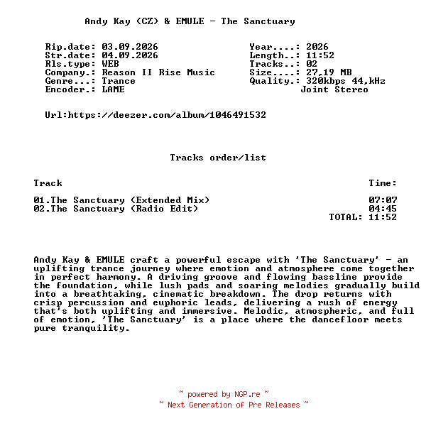 NFO for the release Andy_Kay_(CZ)_And_EMULE_-_The_Sanctuary-(R2R192)-WEB-2026-FMC by FMC