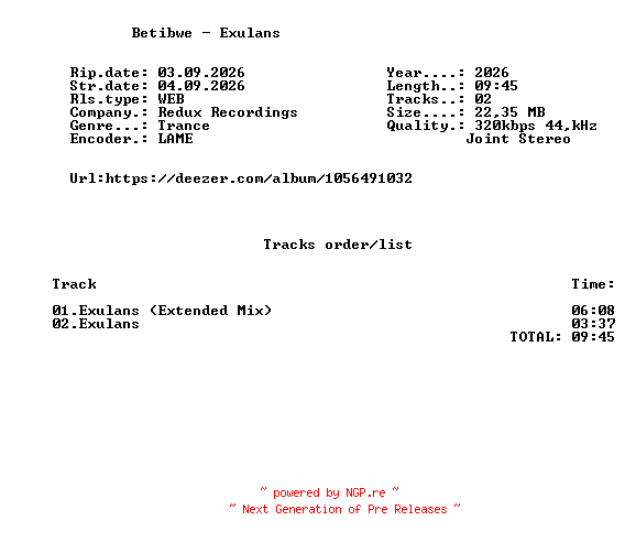 NFO for the release Betibwe_-_Exulans-(RDX711)-WEB-2026-FMC by FMC