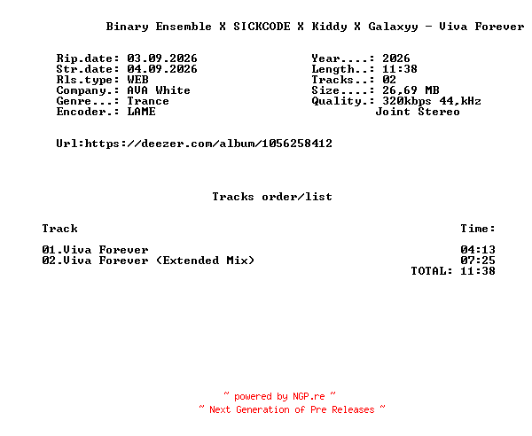 NFO for the release Binary_Ensemble_X_SICKCODE_X_Kiddy_X_Galaxyy_-_Viva_Forever-(AVAW426)-WEB-2026-FMC by FMC