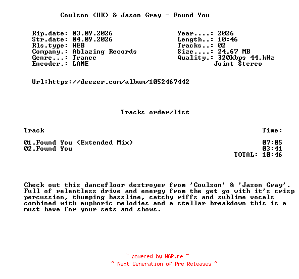 NFO for the release Coulson_(UK)_And_Jason_Gray_-_Found_You-(ABL362)-WEB-2026-FMC by FMC