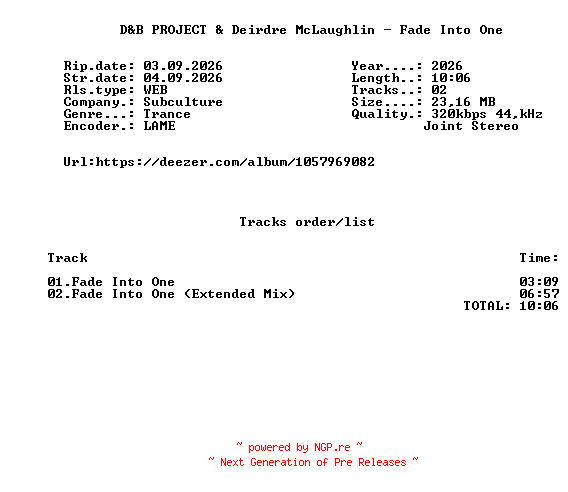 NFO for the release DandB_PROJECT_And_Deirdre_Mclaughlin_-_Fade_Into_One-(SUBC429)-WEB-2026-FMC by FMC