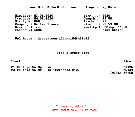 NFO for the release Dave_Cold_And_DocDistortion_-_Voltage_On_My_Skin-(WATR265)-WEB-2026-FMC by FMC