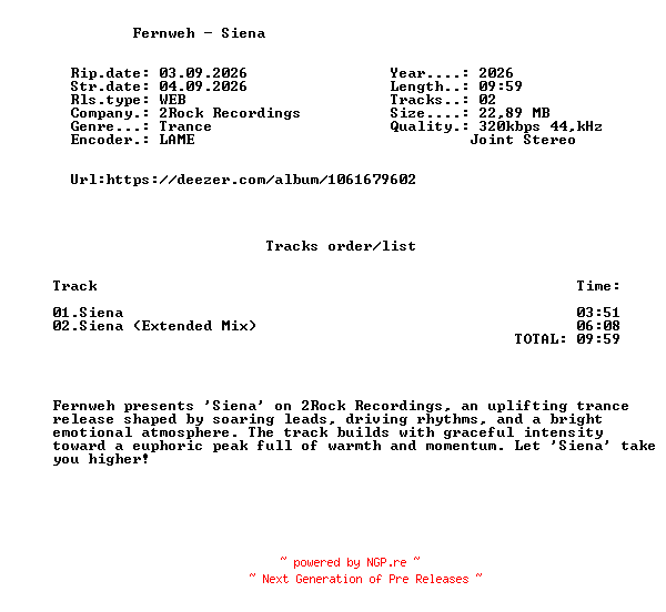 NFO for the release Fernweh_-_Siena-(2RR348)-WEB-2026-FMC by FMC
