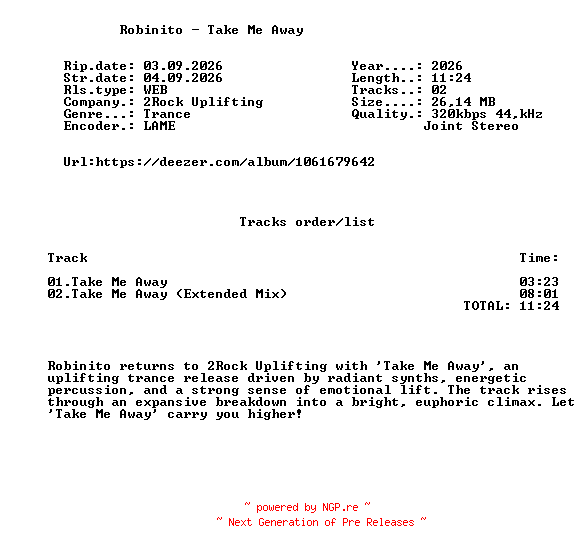NFO for the release Robinito_-_Take_Me_Away-(2RU114)-WEB-2026-FMC by FMC