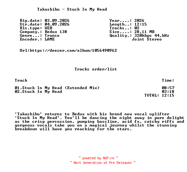 NFO for the release Takashibu_-_Stuck_In_My_Head-(RDX138591)-WEB-2026-FMC by FMC