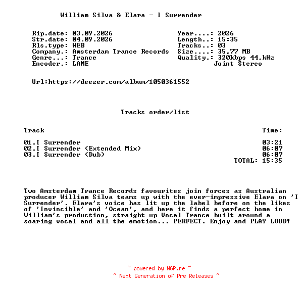 NFO for the release William_Silva_And_Elara_-_I_Surrender-(AMSTR655)-WEB-2026-FMC by FMC