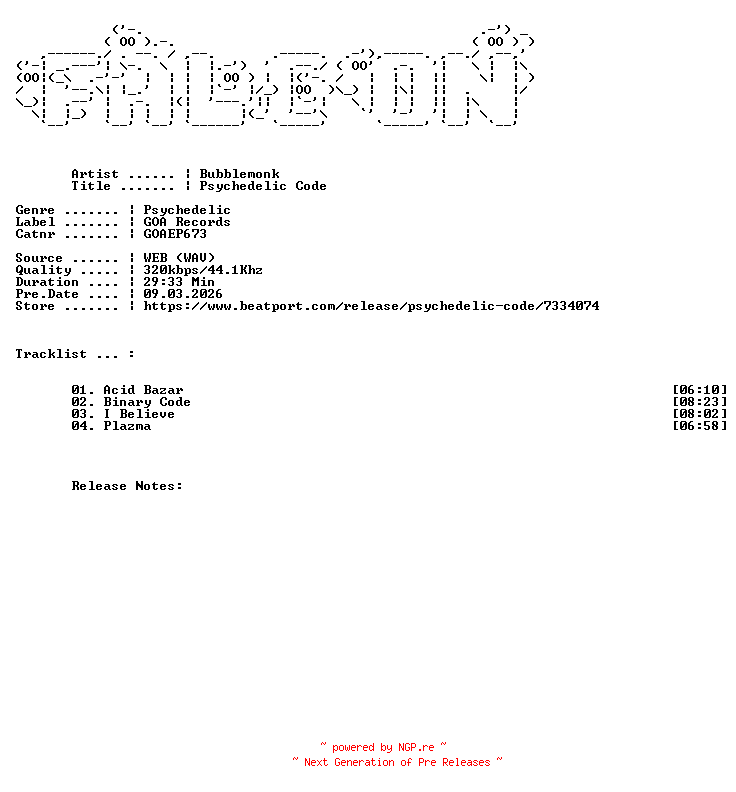 NFO for the release Bubblemonk-Psychedelic_Code-(GOAEP673)-WEB-2026-FALCON by FALCON