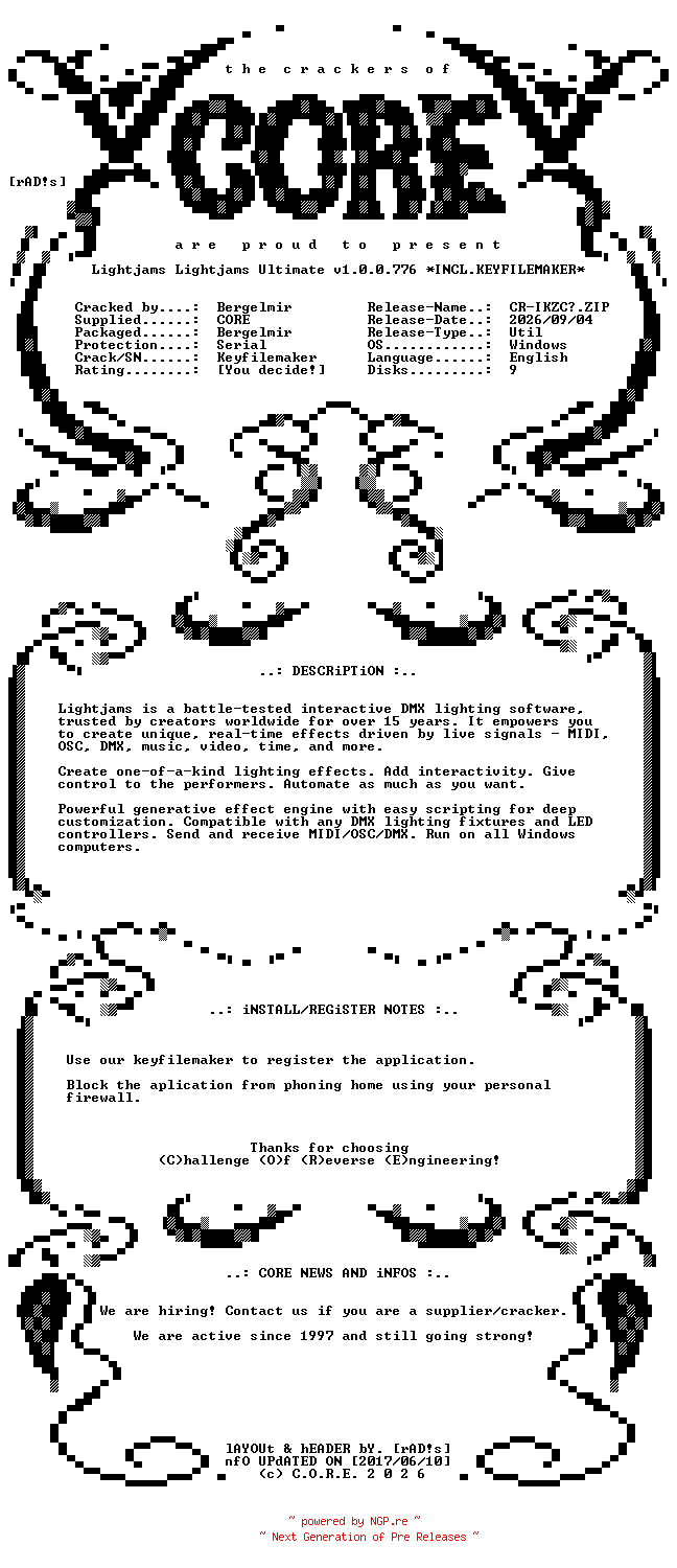 NFO for the release Lightjams.Ultimate.v1.0.0.776.x64.Incl.Keyfilemaker-CORE by CORE