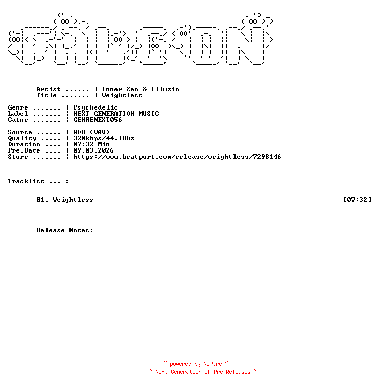 NFO for the release Inner_Zen_And_Illuzio-Weightless-(GENRENEXT056)-SINGLE-WEB-2026-FALCON by FALCON