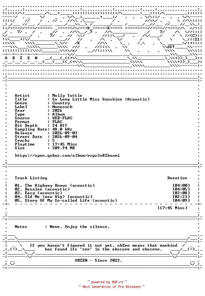 NFO for the release Molly_Tuttle-So_Long_Little_Miss_Sunshine_(Acoustic)-EP-24BIT-48KHZ-WEB-FLAC-2026-OBZEN by OBZEN