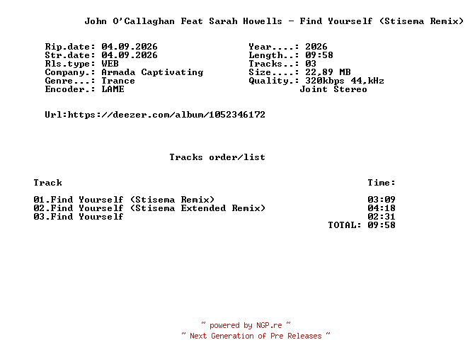 NFO for the release John_OCallaghan_Feat_Sarah_Howells_-_Find_Yourself_(Stisema_Remix)-(ARCV332)-WEB-2026-FMC by FMC