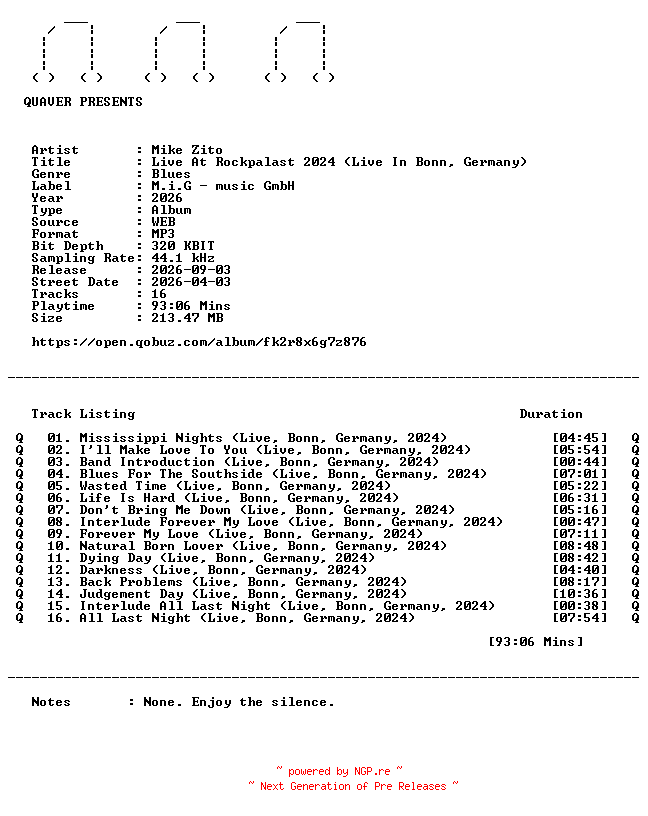 NFO for the release Mike_Zito-Live_At_Rockpalast_2024_(Live_In_Bonn_Germany)-WEB-2026-QUAVER by QUAVER