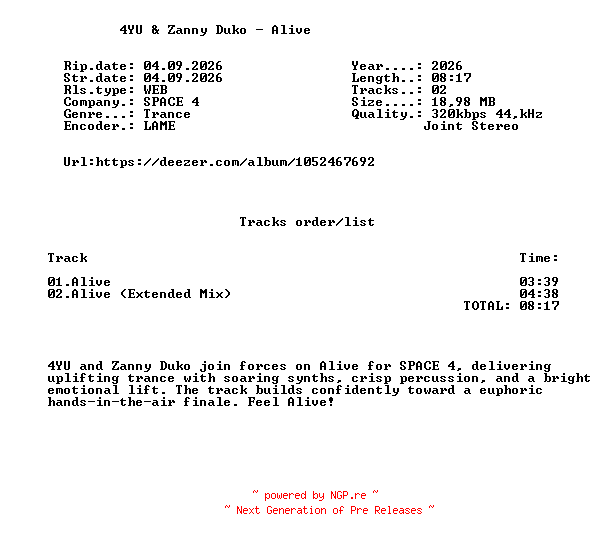 NFO for the release 4YU_And_Zanny_Duko_-_Alive-(ISP075)-WEB-2026-FMC by FMC