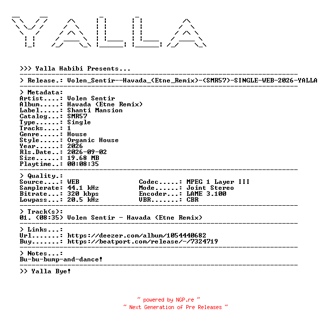 NFO for the release Volen_Sentir--Havada_(Etne_Remix)-(SMR57)-SINGLE-WEB-2026-YALLA by YALLA