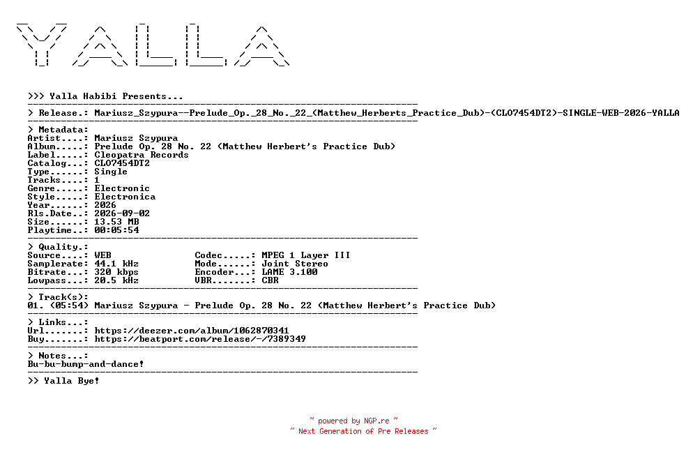 NFO for the release Mariusz_Szypura--Prelude_Op._28_No._22_(Matthew_Herberts_Practice_Dub)-(CLO7454DT2)-SINGLE-WEB-2026-YALLA by YALLA